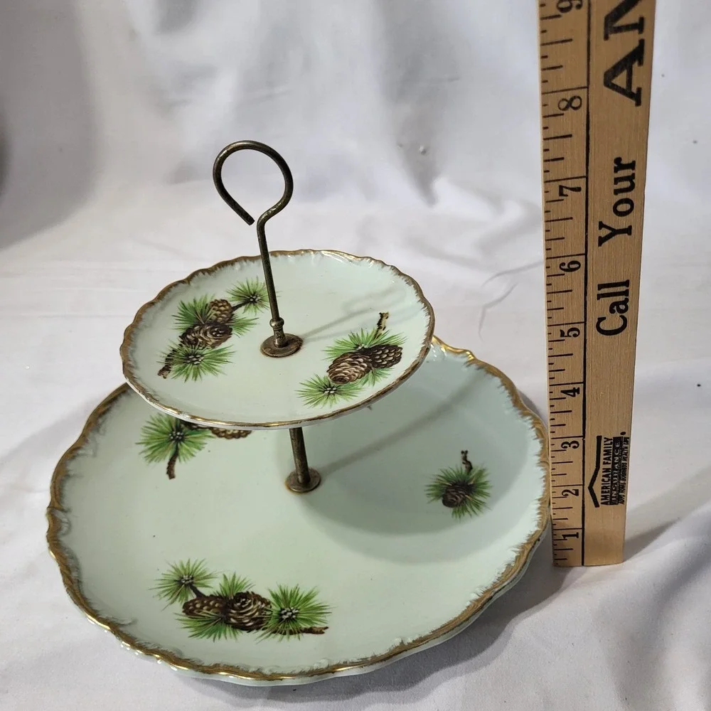 Vintage 2-tier Display Plate Stand Green Gold Edge and Pine Cone Pattern Japan